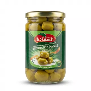 Enhanced Front view of a jar of Al Saadah Green Olives Nabali