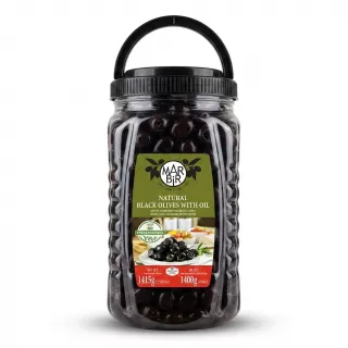 Enhanced Front view of Marbir Natural Black Olives with Oil 1.4kg jar