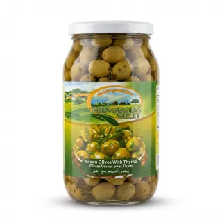 Enhanced Front view of Green Gardens Valley Green Olives With Thyme 1kg jar