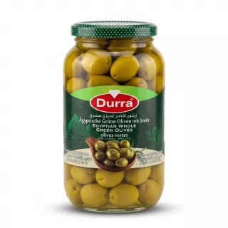 Enhanced Front of Durra Egyptian Whole Green Olives jar