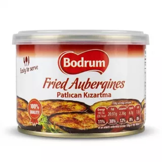 Enhanced Hand holding a can of Bodrum Fried Aubergines in a supermarket aisle