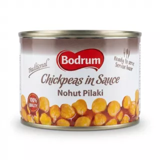 Enhanced Front view of Bodrum Chickpeas in Sauce tin held in hand