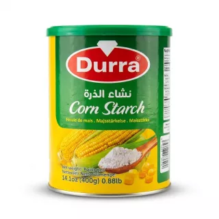 Enhanced Front of Durra Corn Starch 400g tin with green and yellow packaging