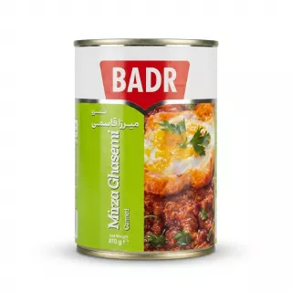 Enhanced BADR Mirza Ghasemi canned Persian aubergine dish front label