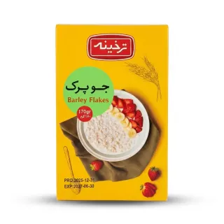 Enhanced Front of Tarhkhineh Barley Flakes 170g box with serving suggestion