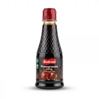 Enhanced Front view of Bodrum Pomegranate Syrup 250ml bottle held in hand