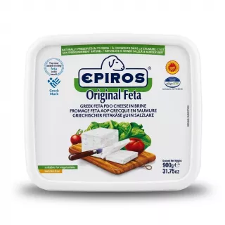 Enhanced Front of Epiros Original Feta Cheese pack with award logos and serving suggestion