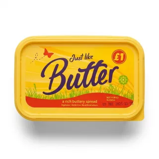 Enhanced Front view of Just Like Butter Rich Buttery Spread tub with price label