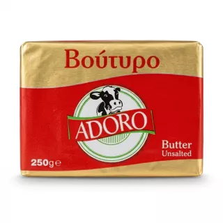 Enhanced Front view of Adoro Unsalted Butter 250g pack held in hand