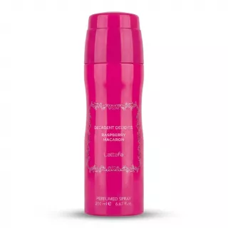 Enhanced Front of bright pink Lattafa Decadent Delights Raspberry Macaron Perfumed Spray can