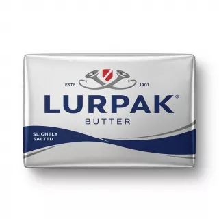 Enhanced Lurpak Slightly Salted Butter 200g held in hand front view