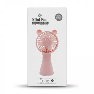 Enhanced Box of Mini Fan hand held fan in pink with USB charging icons on a countertop