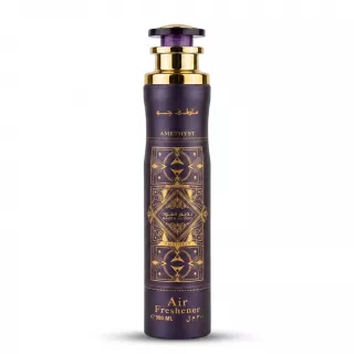 Enhanced Front of Badee Al Oud Amethyst Air Freshener 300ml bottle with purple and gold design
