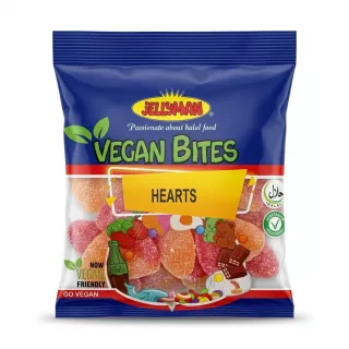 Enhanced Front of Jellyman Vegan Bites Hearts 120g bag with product details