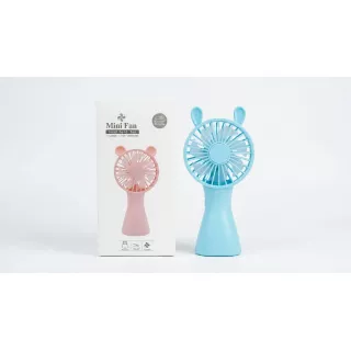 Enhanced Blue Mini Fan hand held fan displayed next to product packaging