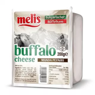 Enhanced Package of Melis Bulgarian Buffalo Cheese 200g with nutritional information and branding