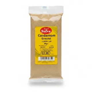 Sofra Ground Cardamom in yellow labelled clear plastic bag showing front