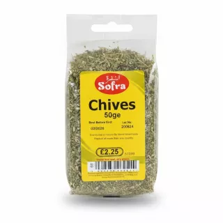 packet of Sofra dried chives showing 50g packaging with yellow label