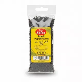 Pack of Sofra Black Peppercorns in clear plastic pouch with yellow label
