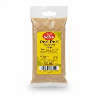 Sofra Peri Peri Seasoning 100g pack showing yellow label with ingredients and price