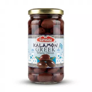 Enhanced Jar of Garusana Kalamon Greek Whole Olives held in hand