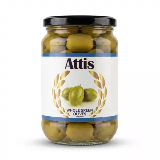 Enhanced Jar of Attis Whole Green Olives in brine front label