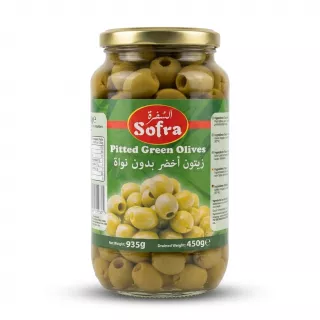 Enhanced Front label of Sofra Pitted Green Olives 935g jar showing product branding and olives.
