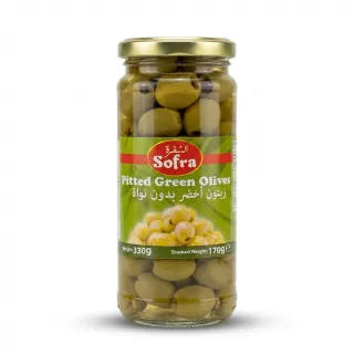 Enhanced Front of Sofra Pitted Green Olives jar 330g