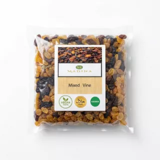 Enhanced Madina Mixed Vine dried fruit pack with vegan and halal certifications