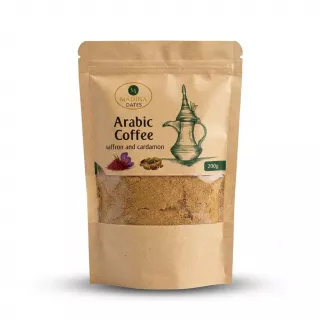Enhanced Front view of Madina Dates Arabic Coffee with saffron and cardamom in 200g resealable pouch