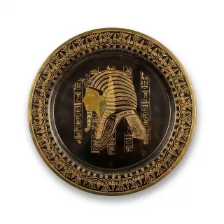Enhanced Egyptian brass decorative wall plate with pharaoh head and gold detail