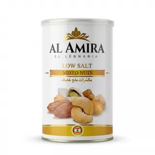 A professional front view studio photograph of the Al Amira Low Salt Mixed Nuts tin, which contains various nuts, against a seamless white background.