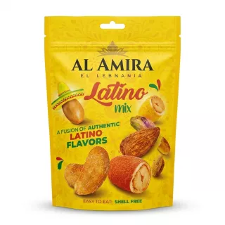 A professional e-commerce product image of the Al Amira Latino Mix shell-free nut snack in a vibrant yellow stand-up pouch, centered on a clean white background with a soft, even shadow. The pouch displays the detailed product information and a variety of seasoning-covered nuts.