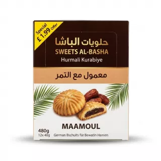 Enhanced Front of Al-Basha Maamoul Date Filled Biscuits 480g box highlighting product and offer