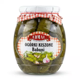 Enhanced Front view of Edmal Ogórki Kiszone Babuni pickled cucumbers jar