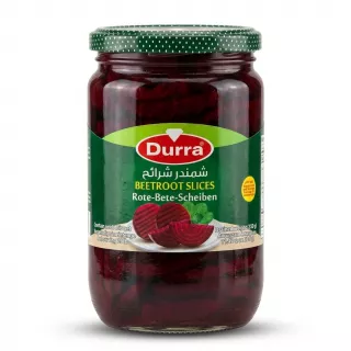 Enhanced Front of Durra Beetroot Slices jar showcasing label and slices inside
