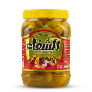 Enhanced Hand holding Al Shifa Mixed Pickles large yellow jar in grocery aisle