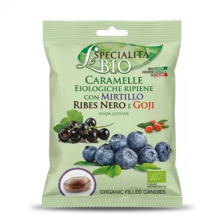 Enhanced Front of Le Specialita Bio Organic Filled Candies bag with blueberries, black currants, and goji berries