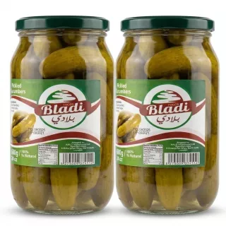 A special offer set of two glass jars containing Bladi Pickled Cucumbers, with original labels and lids, presented on a white studio background.