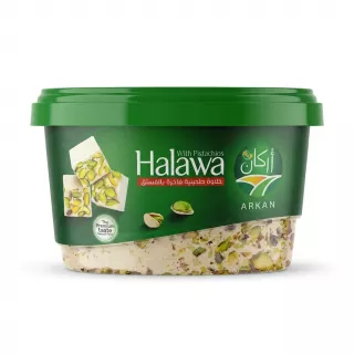 Enhanced Front view of Arkan Halawa with Pistachios showing pistachio pieces and branding