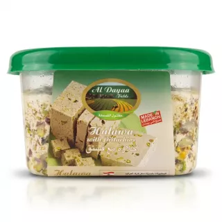 Enhanced Al Dayaa Halawa with Pistachios 350g clear tub side view