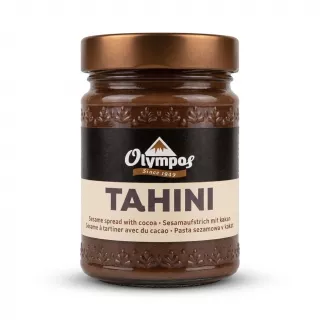 Enhanced Front view of Olympos Tahini with Cocoa jar held in hand