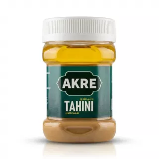 Enhanced Front view of Akre Tahini 350g jar with white lid and green label