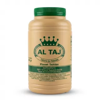 Enhanced Front label of Al Taj Tahina jar showing brand and product details