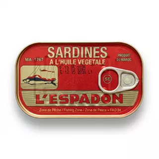 Enhanced L'ESPADON Sardines in Vegetable Oil tin held in hand front view