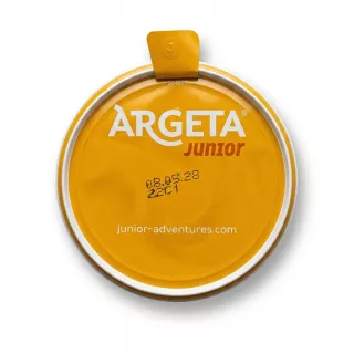 Enhanced Sealed top of Argeta Junior chicken paté tub with branding and website