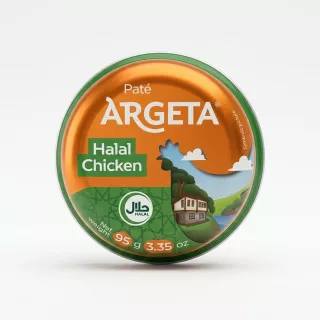 Enhanced A hand holding a round tin of Argeta Halal Chicken Pâté 95g in a shop aisle