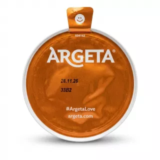 Enhanced Argeta Jetrena Liver Pate tin with foil lid opened showing brand logo
