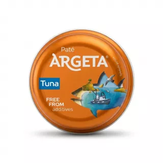 Enhanced Argeta Tuna Paté tin held in hand, orange packaging, store background