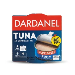 Enhanced Front of Dardanel Tuna in Sunflower Oil 140g pack with easy peel and health claims